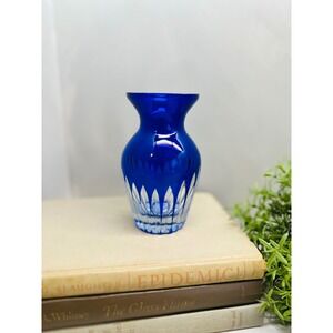 Vintage Cobalt Blue Art Glass Bud Vase With Clear Cut-Glass style Base 5in